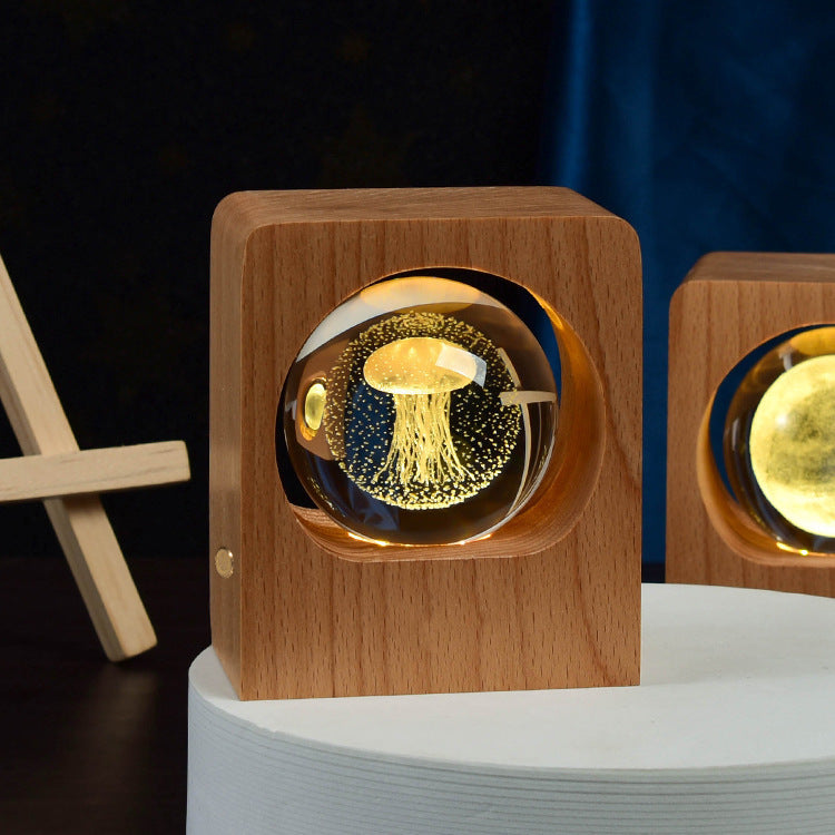 Beech Wood Crystal Ball Night Light – 3D Laser Engraved LED Lamp - Brightside Desk Co.